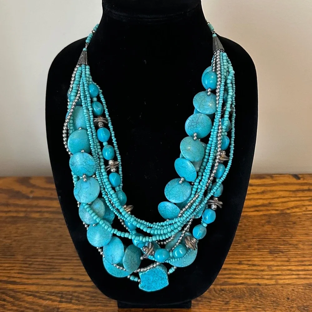 Chicos Multi Strand Turquoise Bead Statement Necklace Silver Tone Southwestern